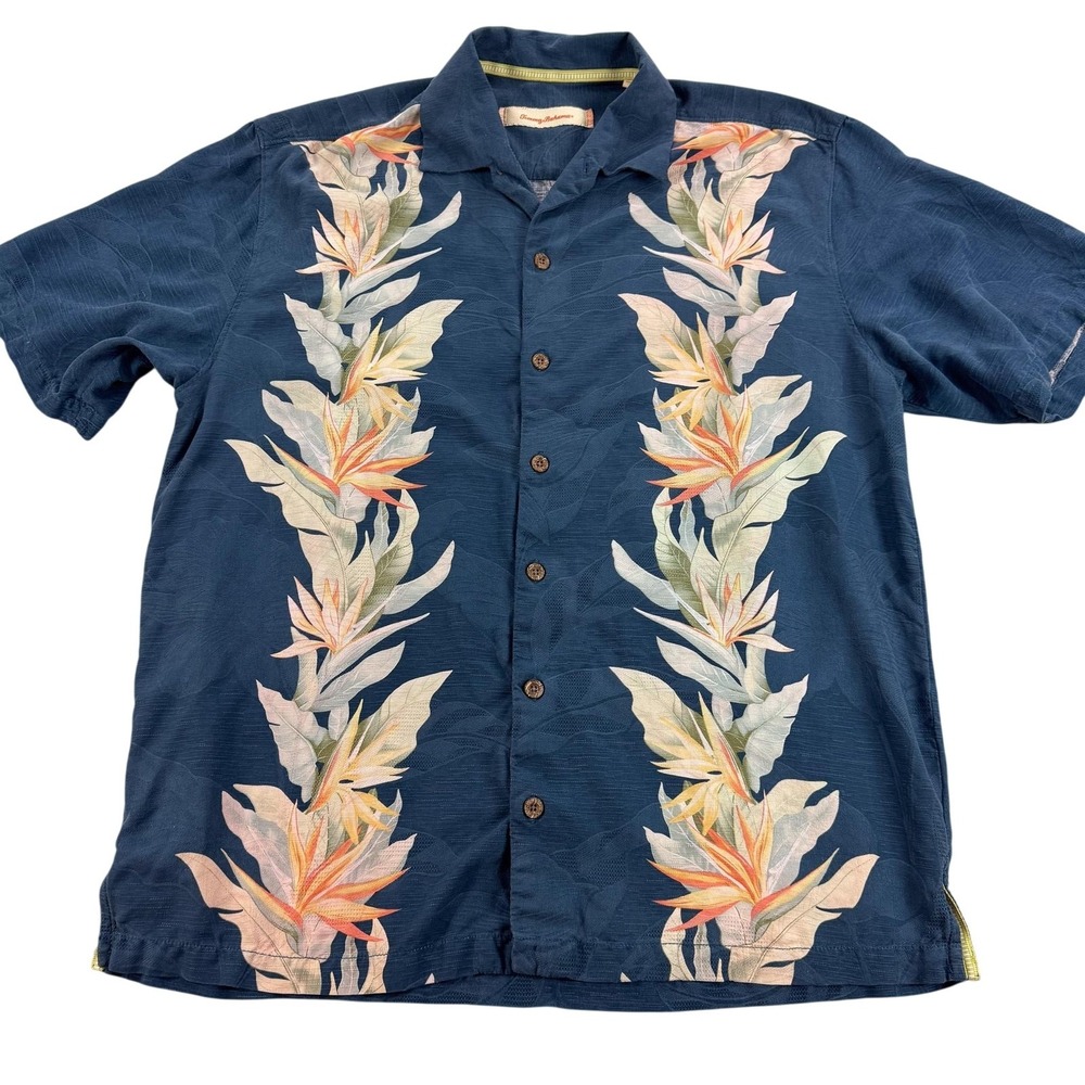 Tommy Bahama Shirt Mens Large Blue Silk‎ Floral Hawaiian Camp Beach Tropical
